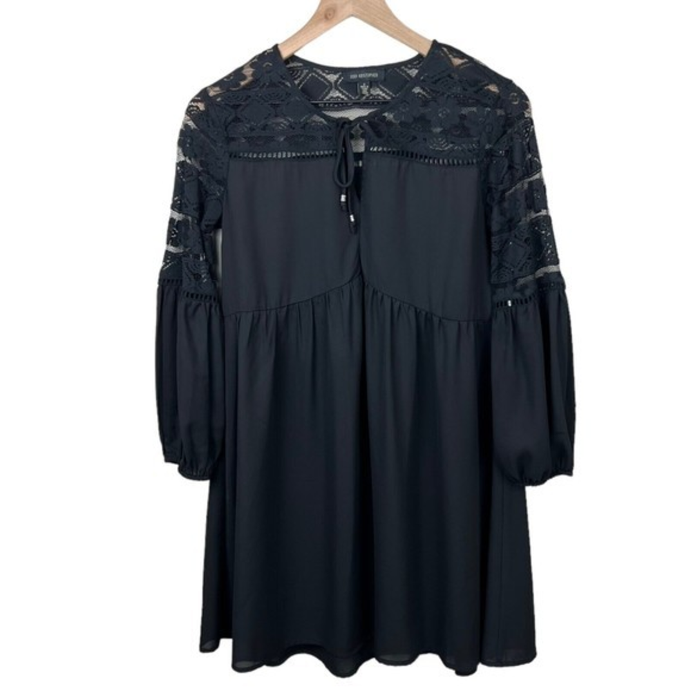 Jodi Kristopher Womens Black Chiffon Balloon Sleeve‎ Lace Upper Mini Dress Small